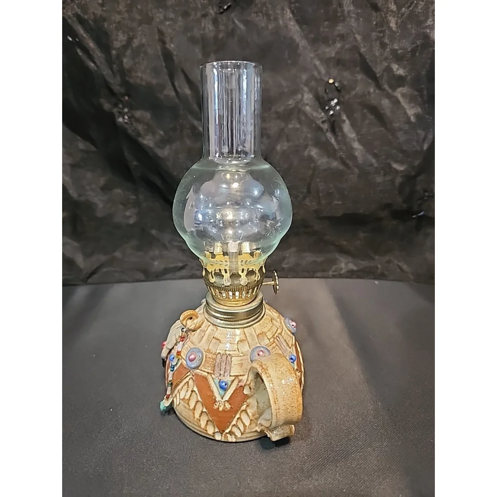 Vtg. Handmade Miniature Pottery Oil Lamp, Artist Signed, 7.5
